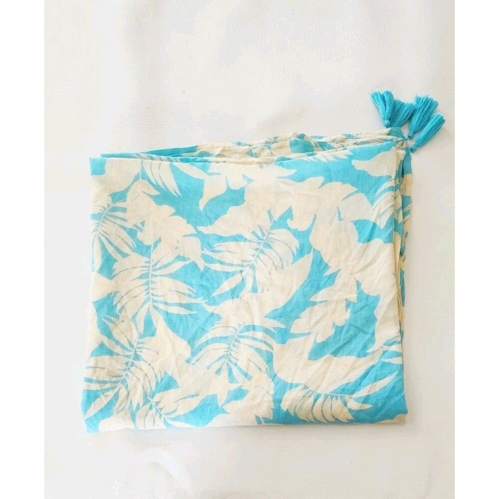 XIX PALMS - Ivory & blue palm print Viscose throw blanket wrap with tassels 51"